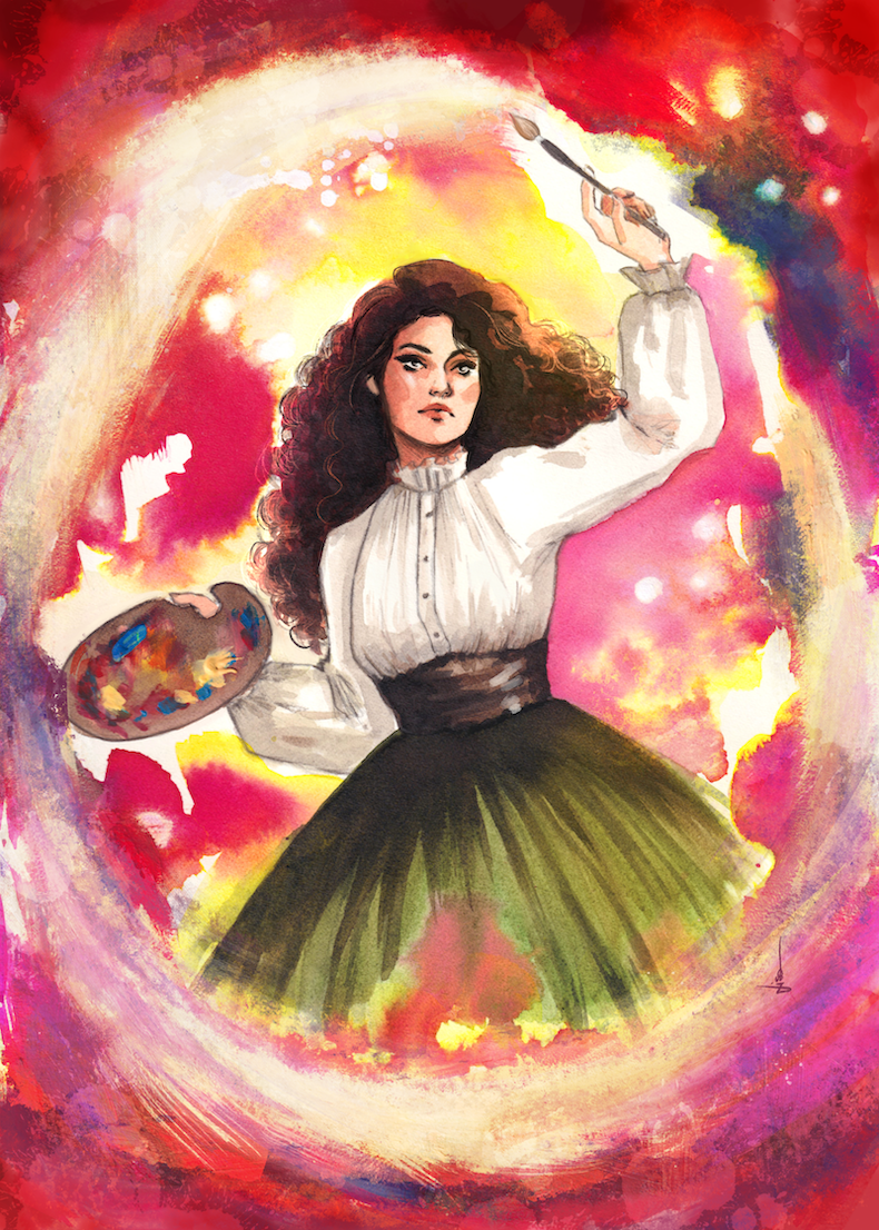 Painting of girl with curly hair holding a paintbrush and paint palette. She is surrounded by dramatic swirls of color representing her art magic.